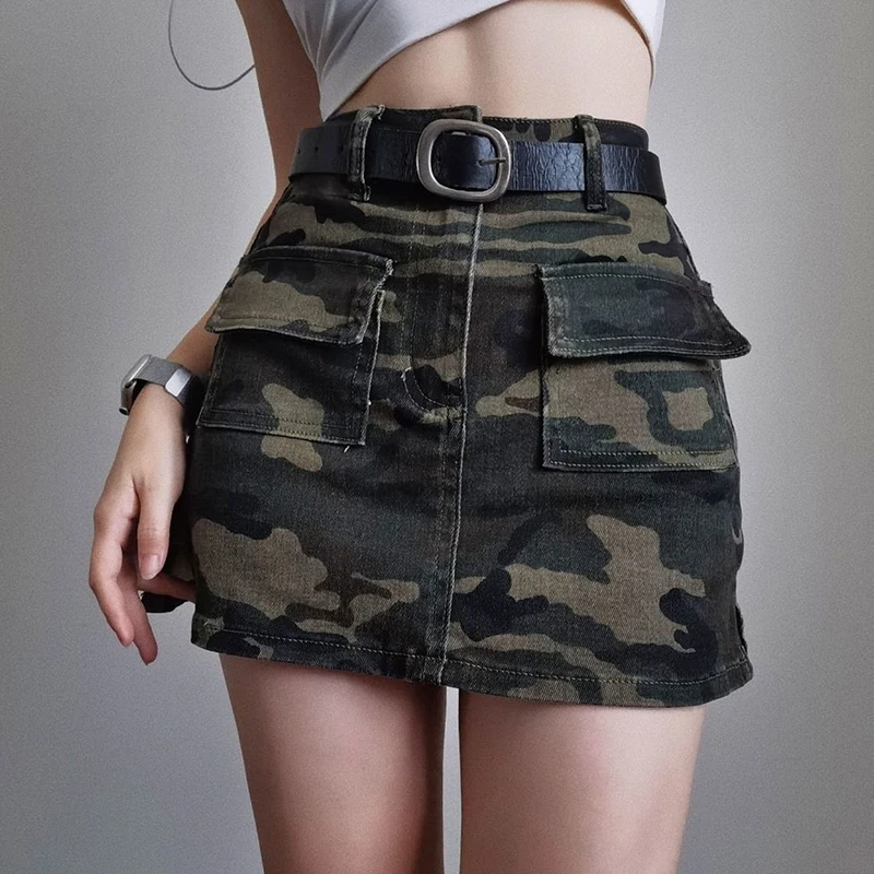 Pavasarī un Vasarā Jaunais Camo Ietīšana Hip Slim Fit Augsta Vidukļa Multi Pocket Džinsa Mini Svārki Pikantu Meitene harajuku