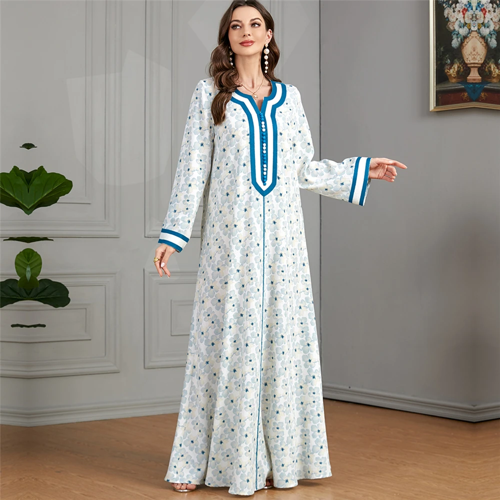 Vasaras Sieviešu Ziedu Drukāt Maxi Kleita Dubaija Abaya Turcija Kaftan Musulmaņu Islama Apģērbu Līča Jalabiya Maroka Abayas Caftan Drēbes